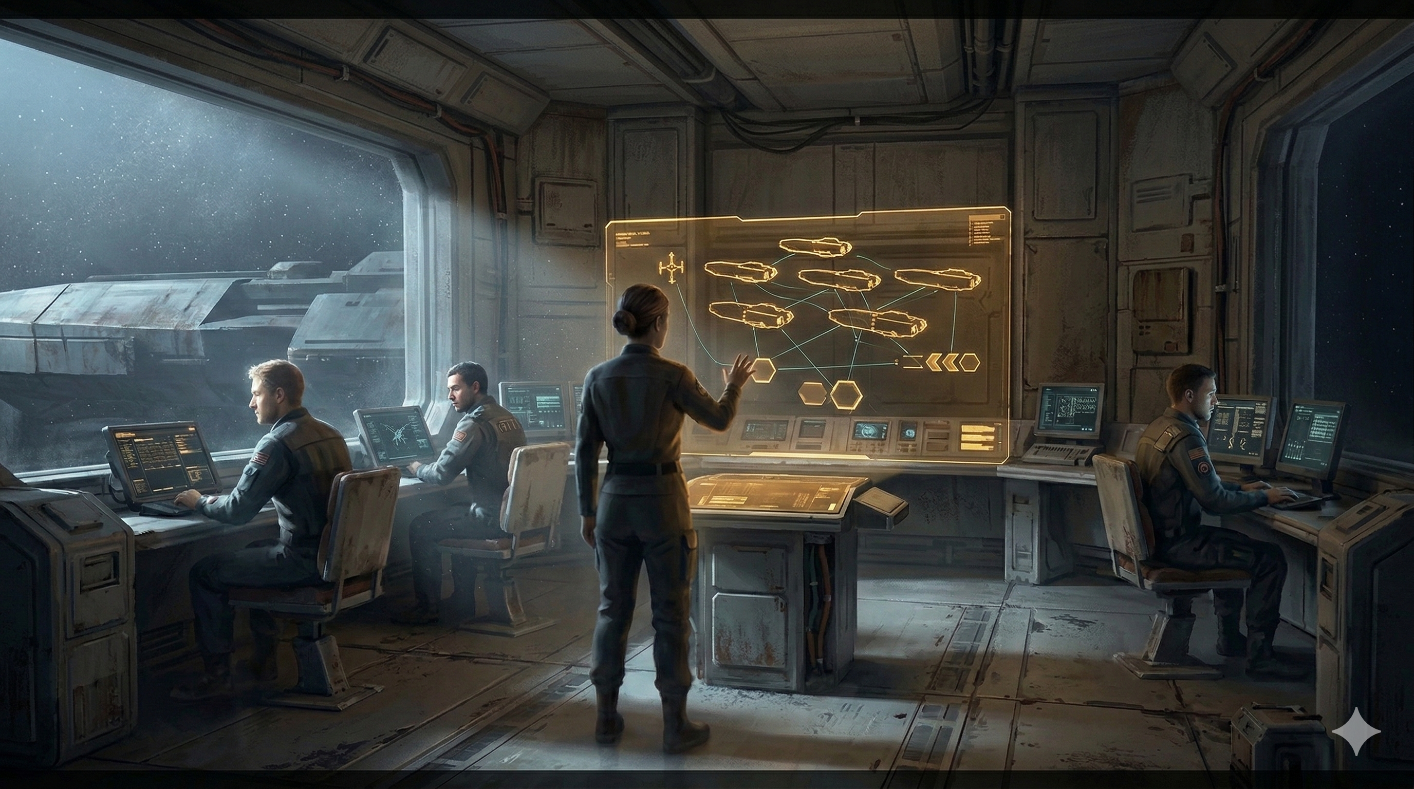 Commander Aldara stands before a holographic tactical display showing fleet topology in amber-gold light, engineers at consoles behind her, pale viewport light cutting through dust in the air