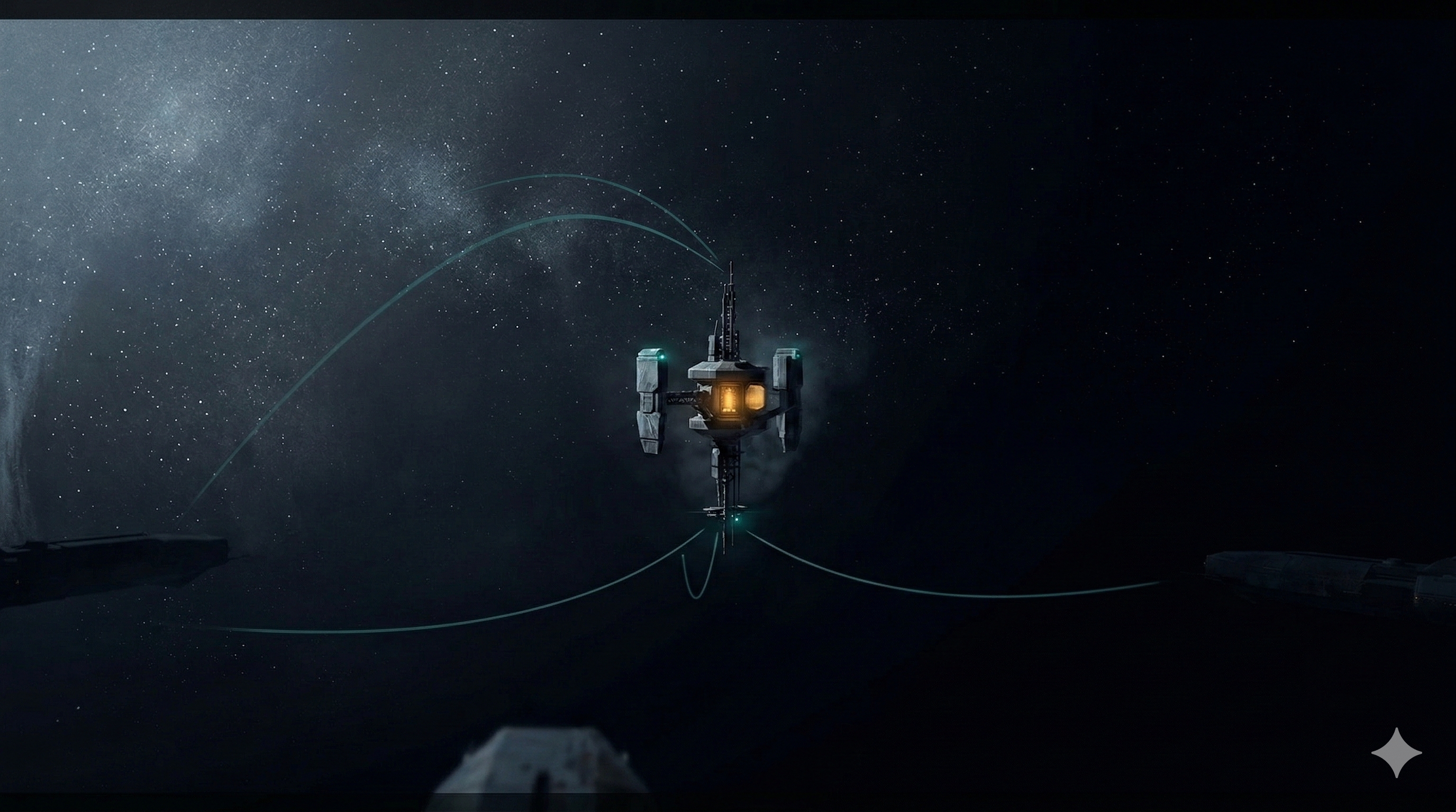 A compact relay station floats alone in the void, its amber reactor core glowing steadily while teal signal arcs reach toward the silhouettes of dormant ships